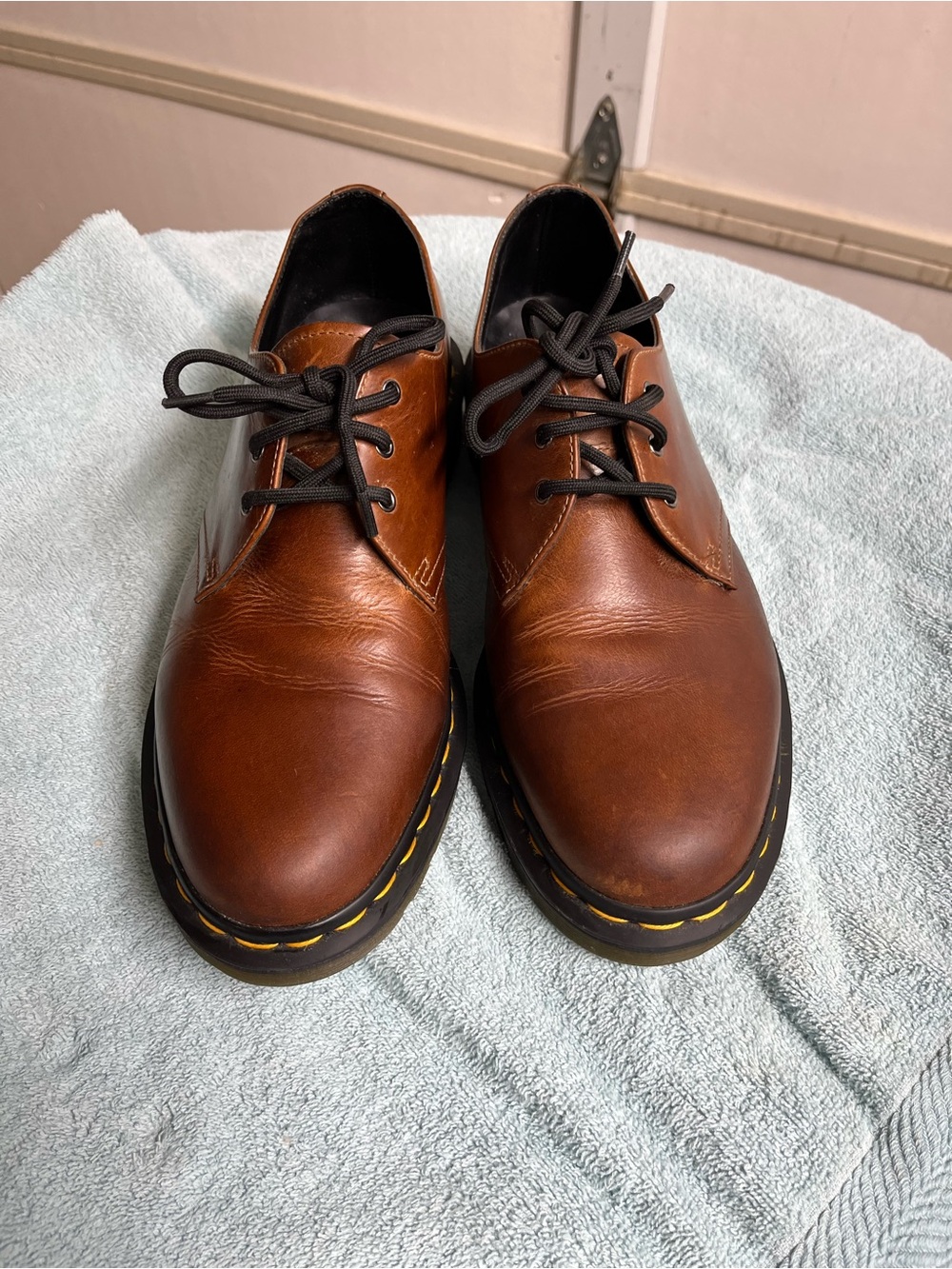 Dr. Martens Brown Leather 3-Eye Derby Shoes with Yellow Stitching